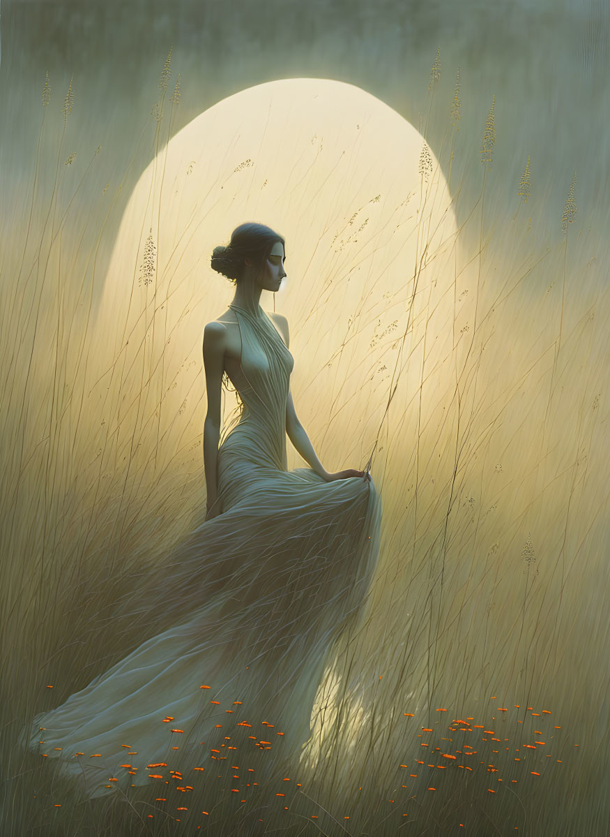 Woman in flowing dress in serene field at sunset