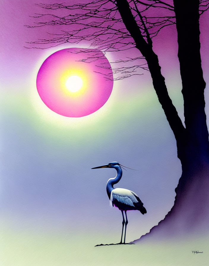 Stylized painting: Heron under purple tree with pink and yellow sun