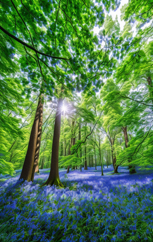 Lush green forest with vibrant bluebells under sunlight