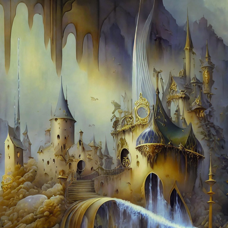 Surreal golden castle with spires, clouds, and waterfalls