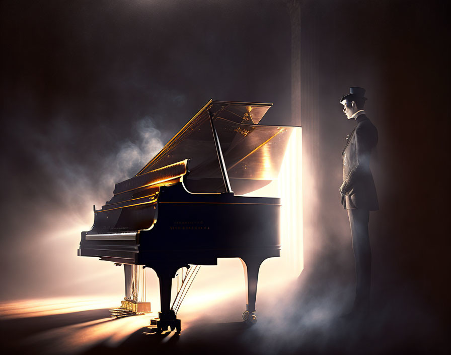 Elegant man next to grand piano under dramatic lighting