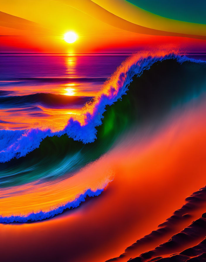 Digitally altered image: Vibrant wave under surreal sunset