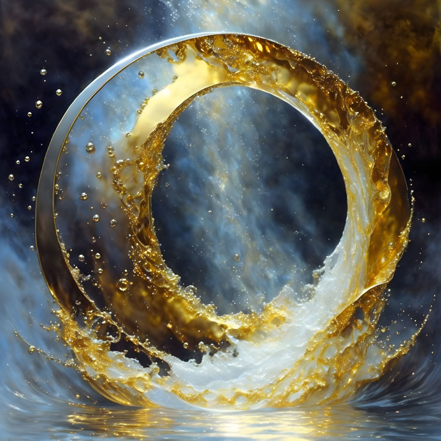 Dynamic Ring-Shaped Splash with Golden Swirl and Water Droplets