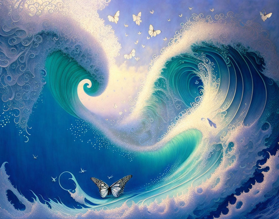 Detailed ocean wave illustration with butterflies in a whimsical style