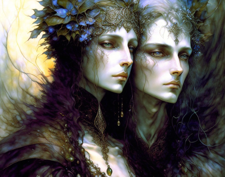 Ethereal figures in ornate attire with elaborate headdresses