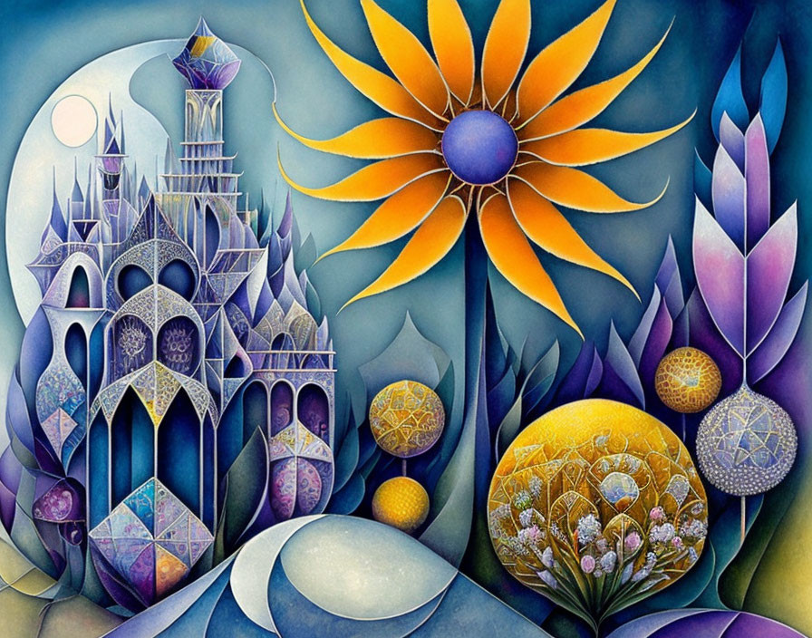 Fantasy artwork: Vibrant floral landscape with castle & celestial elements