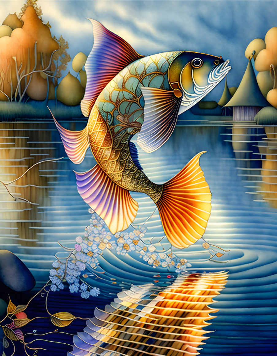 Vibrant fish jumping above water with intricate patterns, set against scenic backdrop