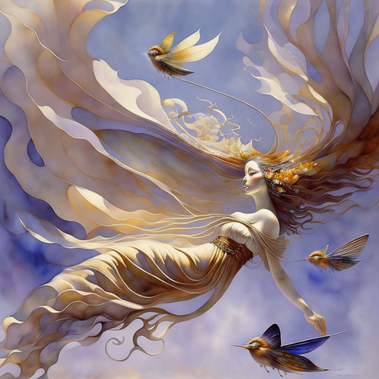 Woman in flowing garments with birds in serene sky