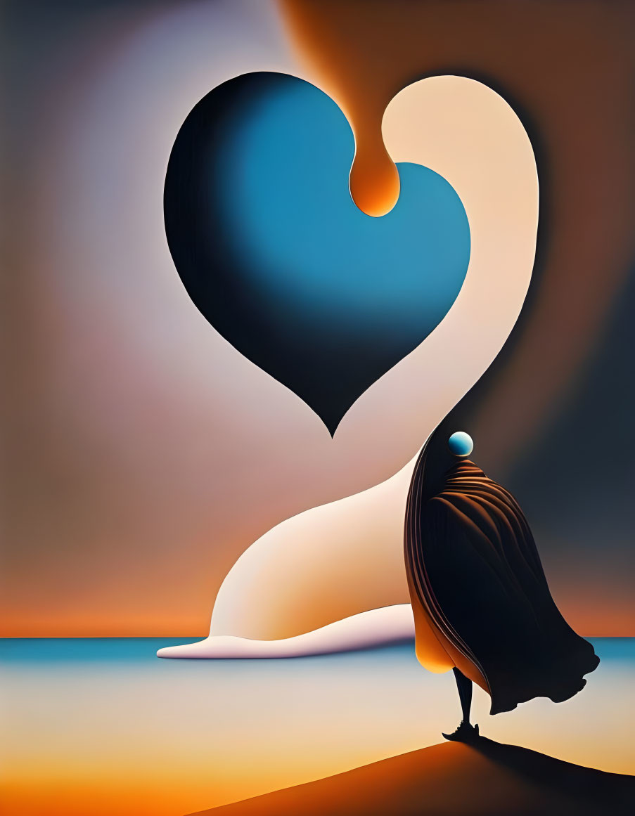 Surrealist image: Figure in cloak before heart-shaped void