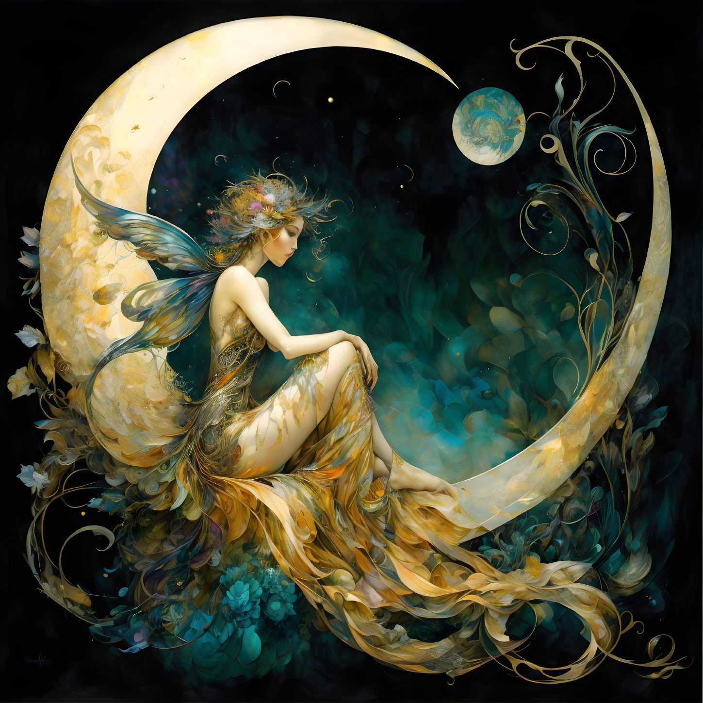 Ethereal woman with wings on crescent moon in fantasy illustration