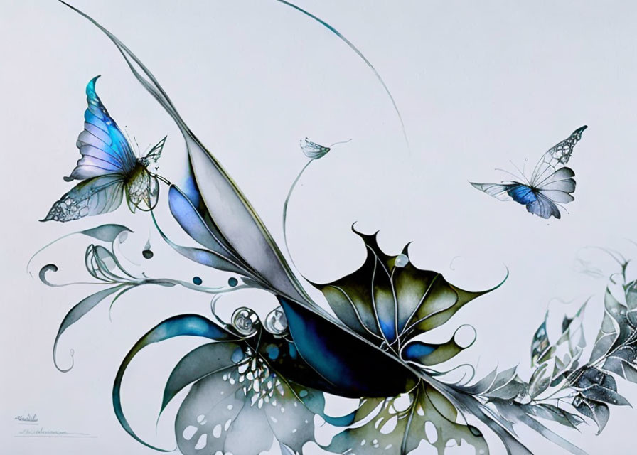 Stylized butterfly and plant artwork in cool blue and gray tones