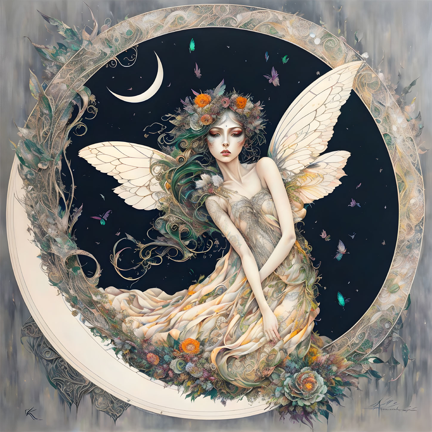 Enchanting fairy with floral wings in ornate circular frame