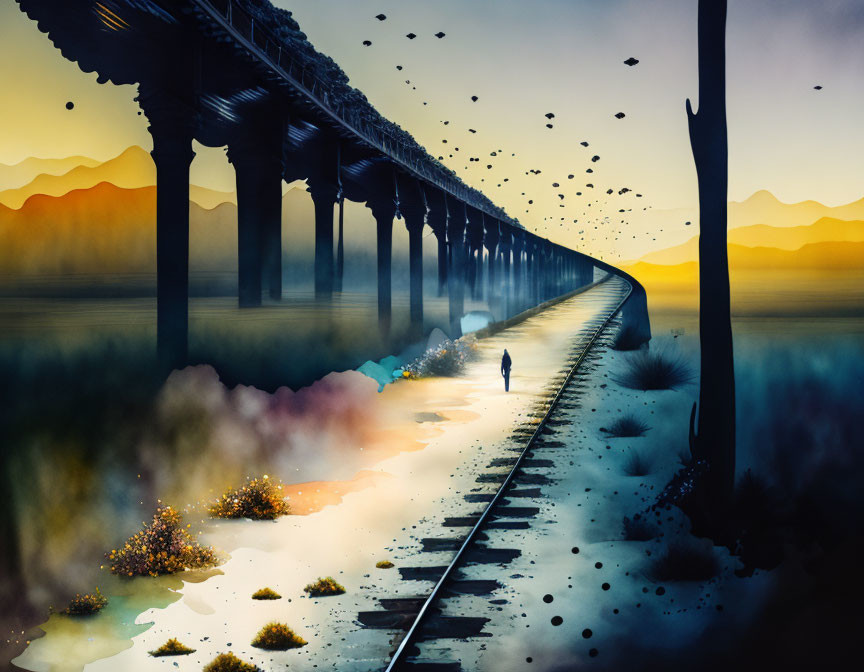 Solitary figure walking on railway tracks in misty landscape with floating rocks