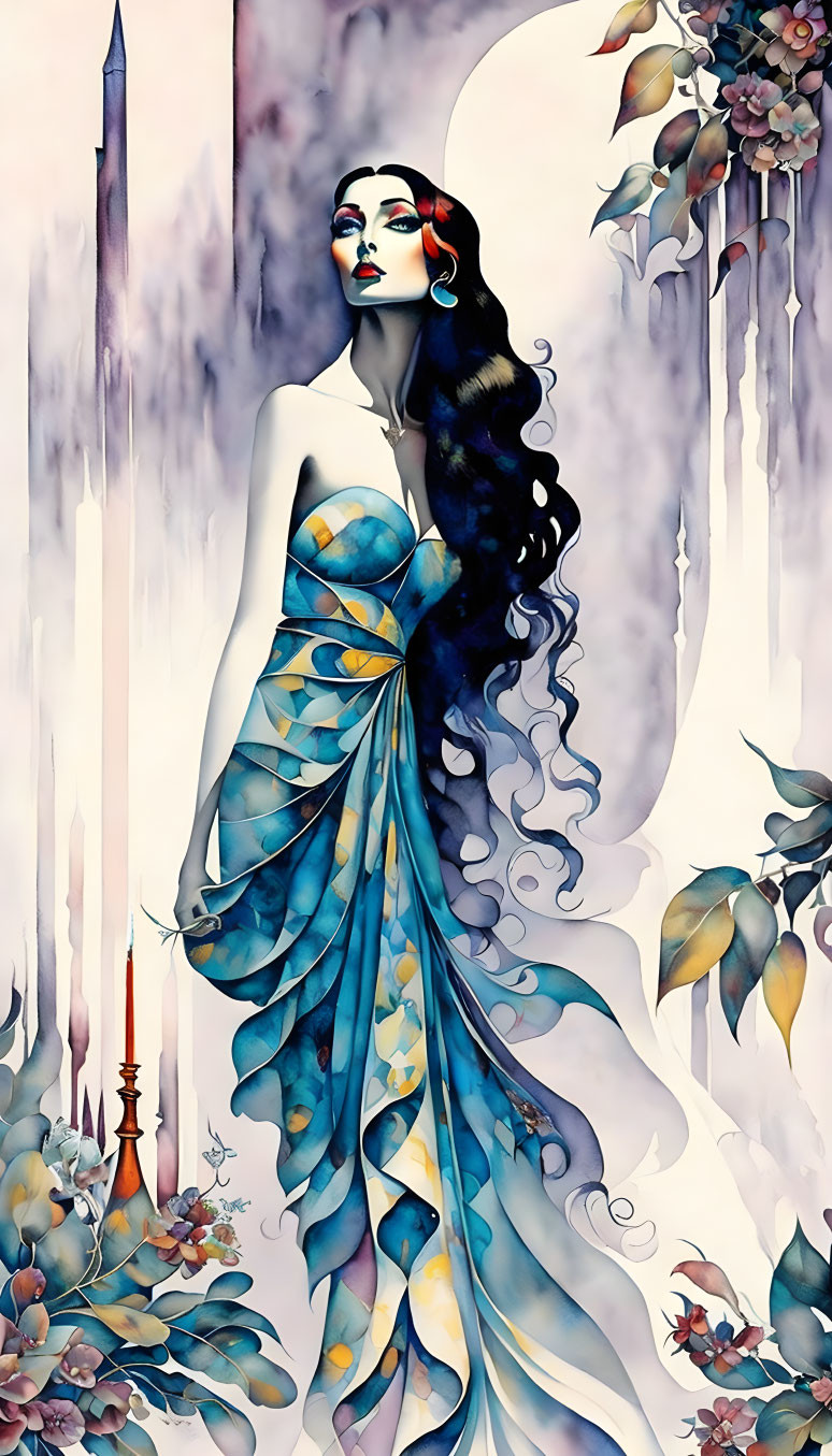 Illustrated woman with long dark hair in blue dress with leaf patterns and floral motifs.