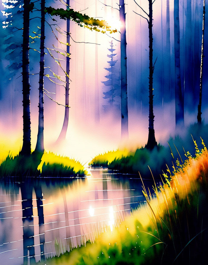 Colorful Watercolor Painting of Forest Scene at Sunset