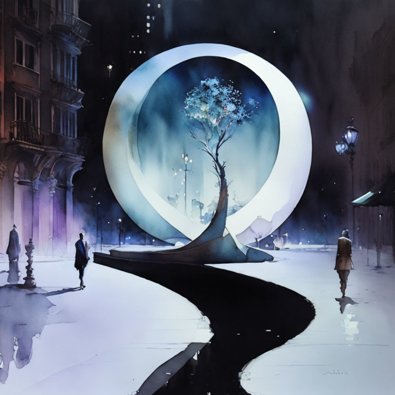 Stylized painting of lone tree in circular frame on urban street at night