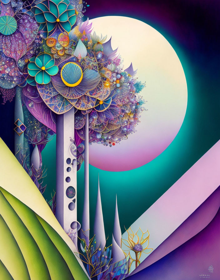 Colorful Abstract Landscape with Geometric Shapes and Crescent Moon