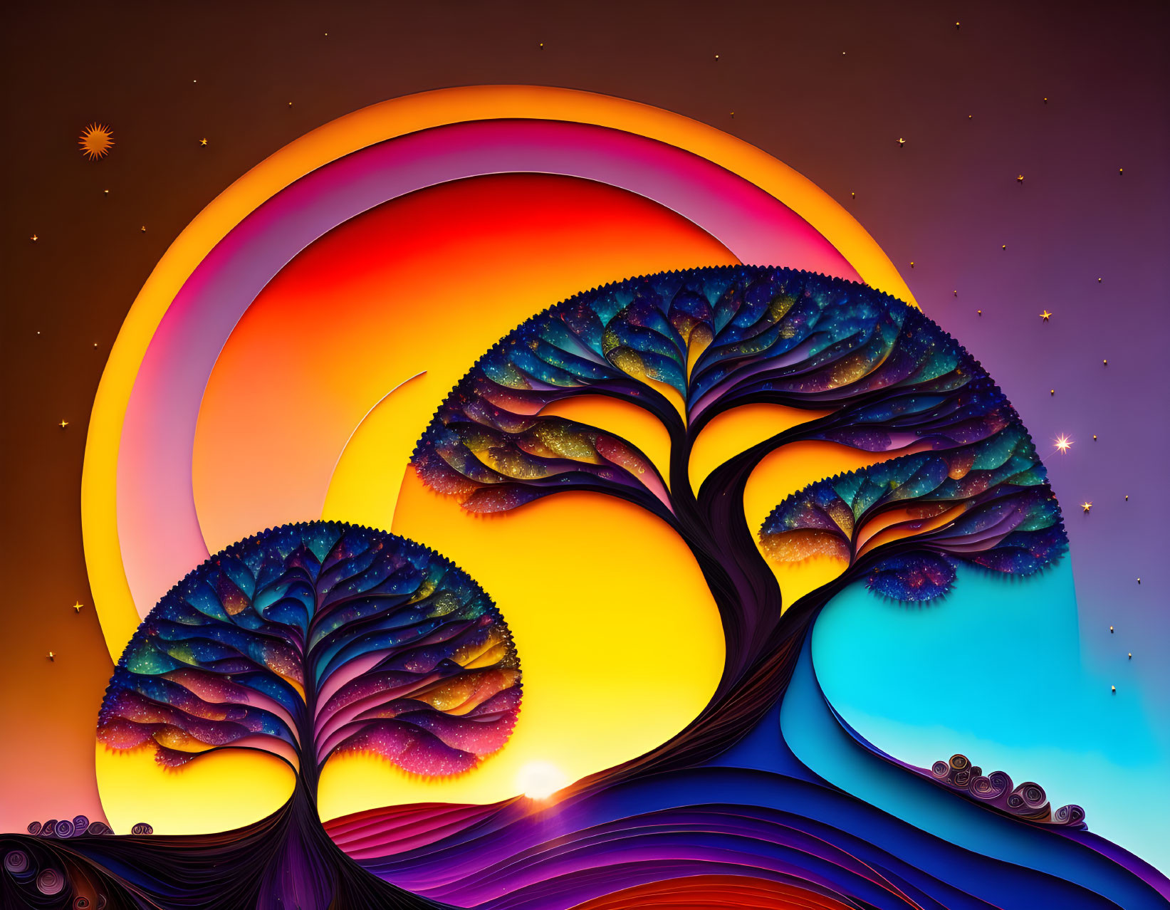 Vibrant stylized trees in surreal landscape with concentric circle background.