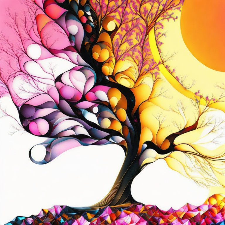 Colorful Abstract Artwork: Vibrant Tree with Pink, Orange Canopy