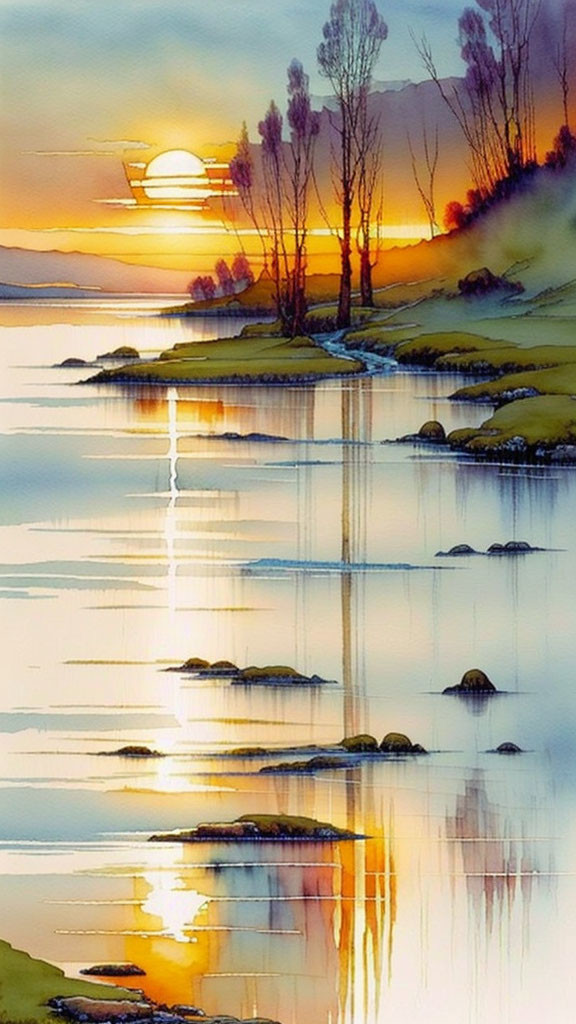 Tranquil sunset river watercolor landscape with reflections