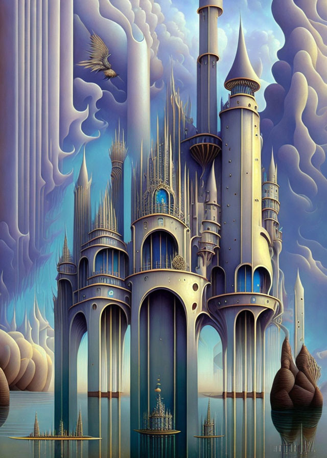 Fantasy castle with tall spires, arches, and reflective water against surreal clouds.