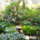 Tranquil Watercolor Painting of Lush Garden with Stone Path