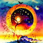 Colorful artwork: Tree, musical notes, treble clef in yin-yang with stars