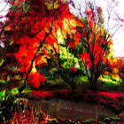 Tranquil garden with red maple trees, shrubs, stepping stones, and reflective pond.