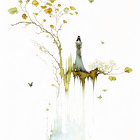 Surreal watercolor painting of woman on tree with butterflies