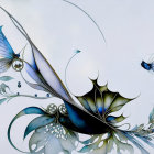 Stylized butterfly and plant artwork in cool blue and gray tones
