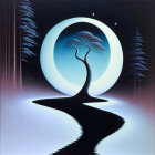 Stylized painting of lone tree in circular frame on urban street at night