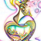 Colorful Digital Artwork: Woman's Profile with Abstract Swirls and Liquid Splashes