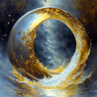 Dynamic Ring-Shaped Splash with Golden Swirl and Water Droplets