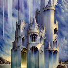 Fantasy castle with tall spires, arches, and reflective water against surreal clouds.