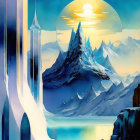 Fantastical landscape with towering mountain, oversized moon, waterfalls, turquoise lake, icy cliffs