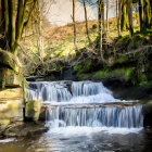 Tranquil waterfall in lush green forest landscape