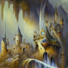 Surreal golden castle with spires, clouds, and waterfalls