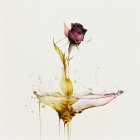 Burgundy rose on golden fluid splash with delicate tendrils