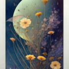 Large Textured Moon and Golden Flowers on Intricate Stems in Celestial Setting