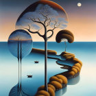 Surreal landscape painting: trees with water reflections, fish in the air, winding path, rolling