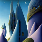 Surreal landscape featuring pointed buildings, rolling hills, twilight sky, crescent moon, and birds