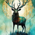 Mystical stag watercolor illustration with forest and celestial elements