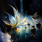 Ethereal flower reflecting on still water with flying creatures