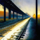 Solitary figure walking on railway tracks in misty landscape with floating rocks