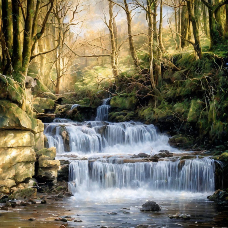 Tranquil waterfall in lush green forest landscape