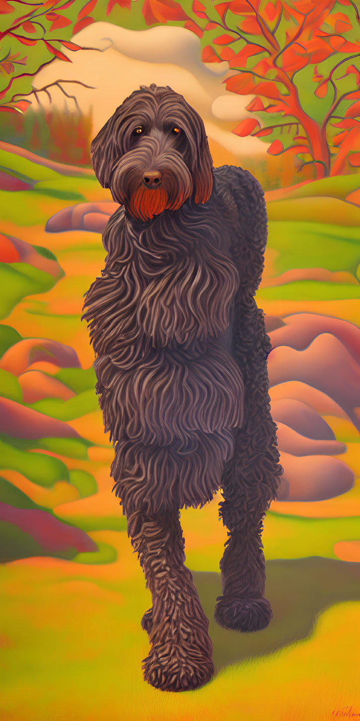 Stylized painting of shaggy dog in autumn landscape