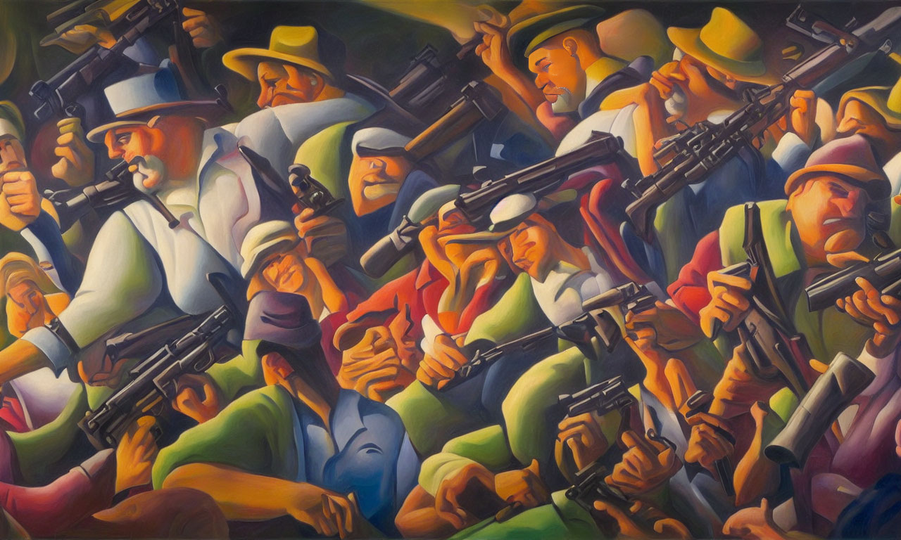 Vibrant painting of stylized figures with rifles in dynamic shapes