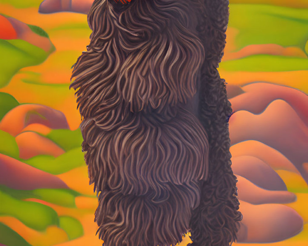 Stylized painting of shaggy dog in autumn landscape