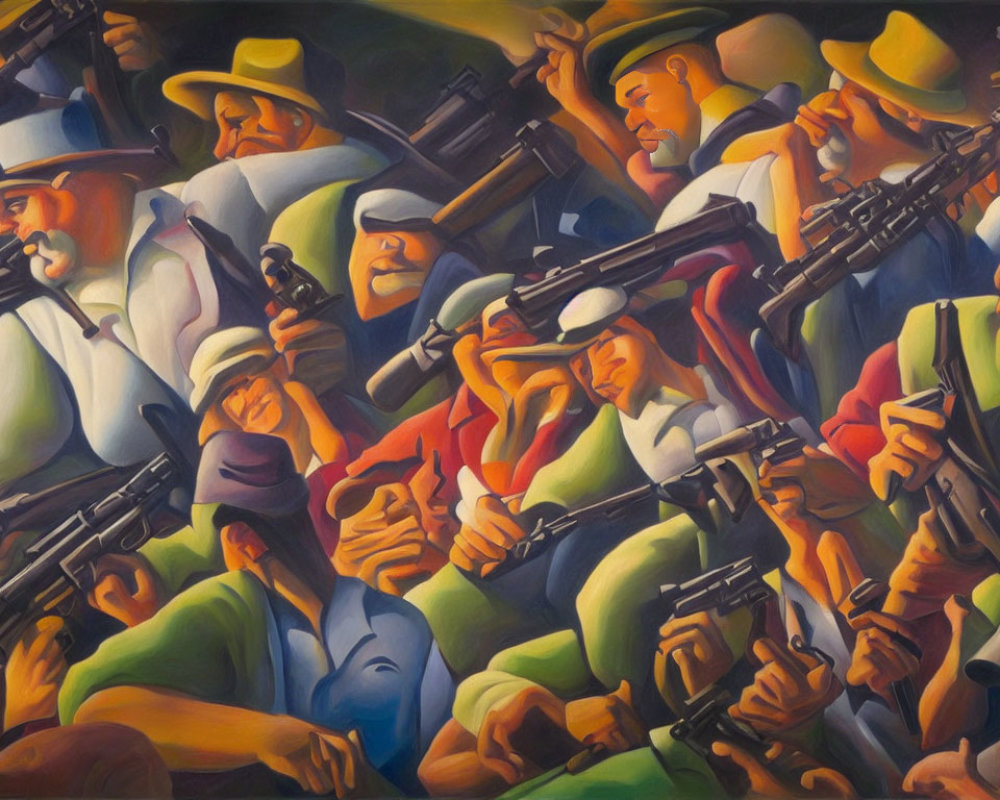 Vibrant painting of stylized figures with rifles in dynamic shapes