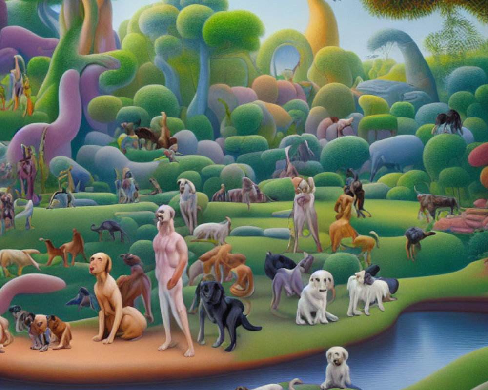 Colorful Whimsical Painting: Dogs, Human Figure, Nature Scene